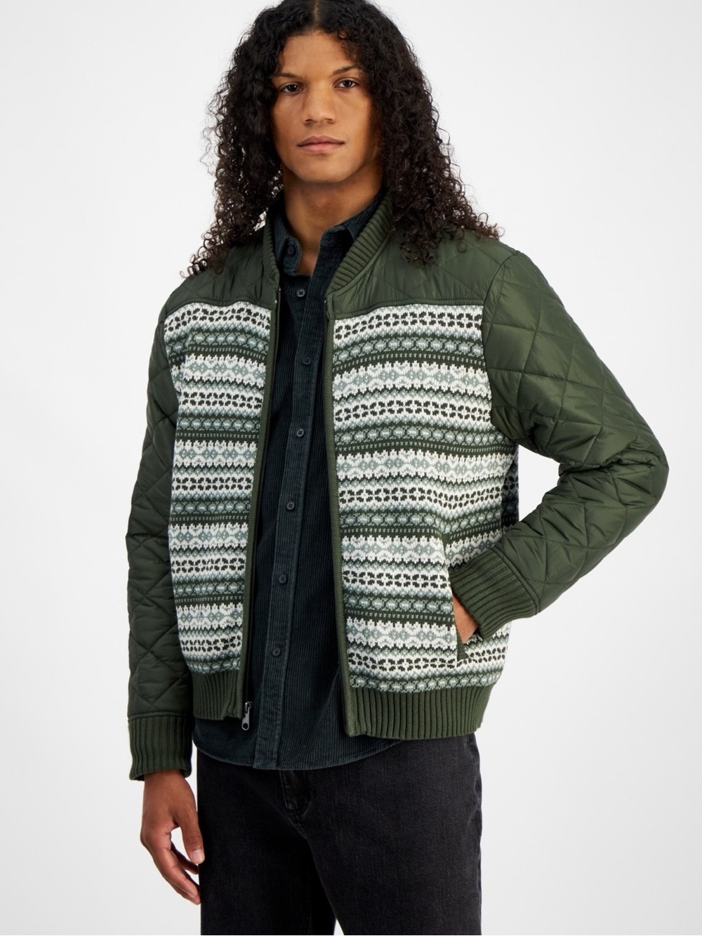 Sun + Stone Men's Fair Isle Zip-Front Sweater Jacket - Dark Coyote